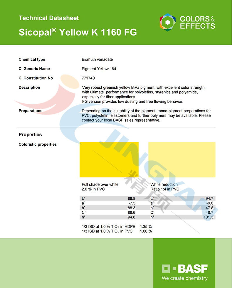 巴斯夫K1160FG釩酸鉍黃TDS技術說明書